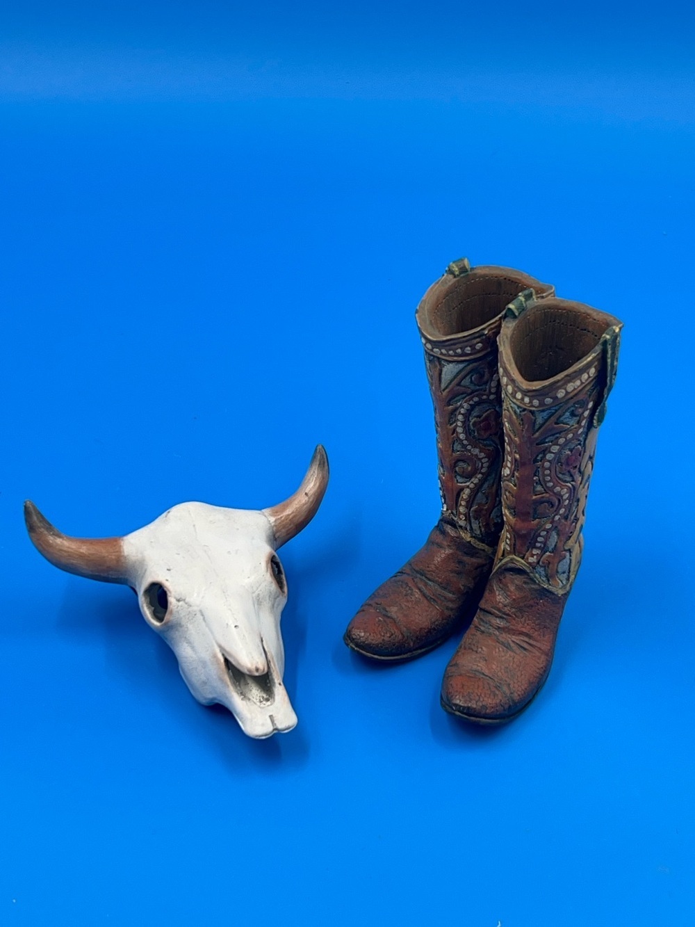 Rustic ceramic Decorative Cowboy Boots - and 5” steer skull